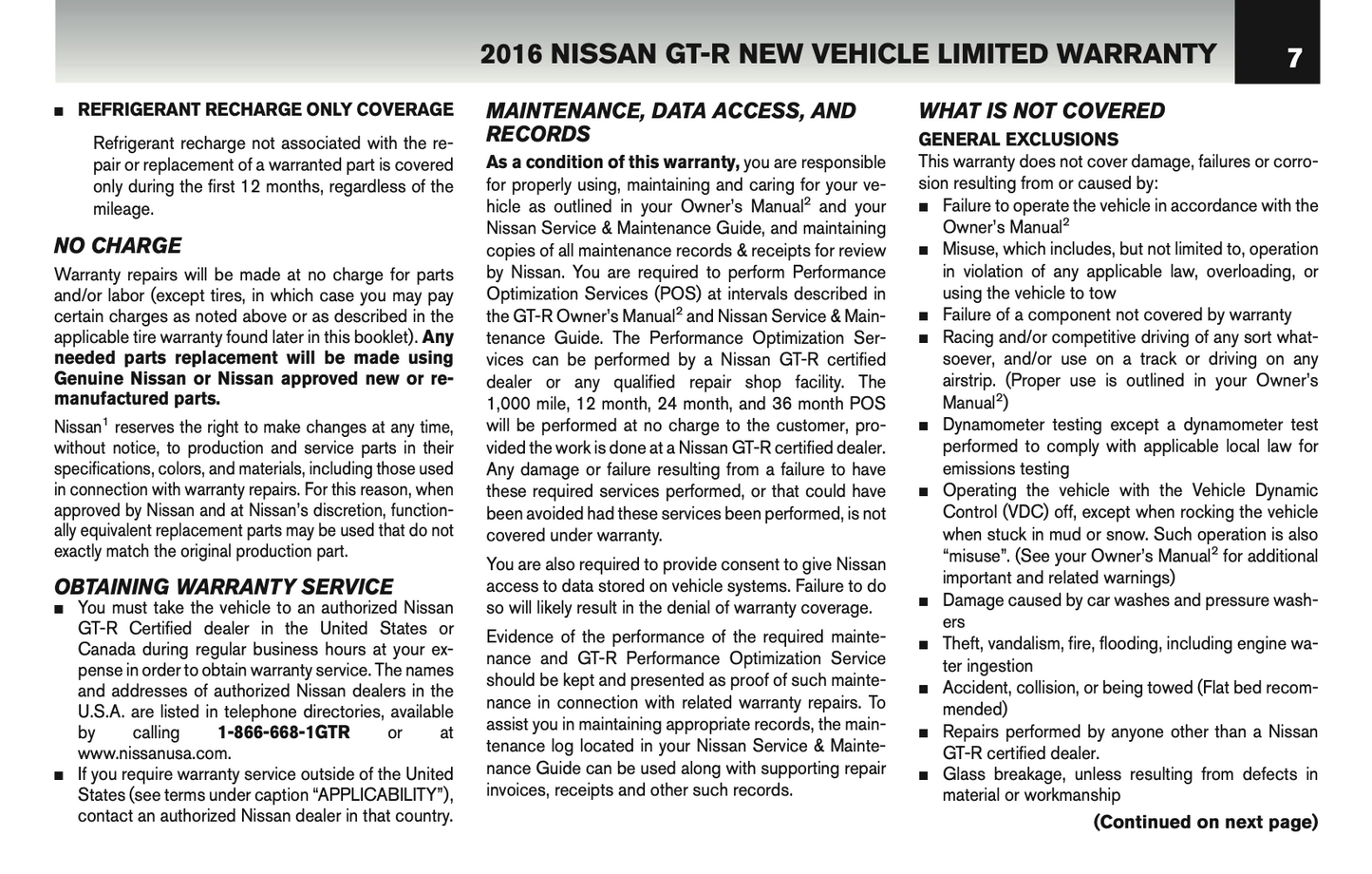 2016 Nissan GT-R Warranty Information Booklet | English