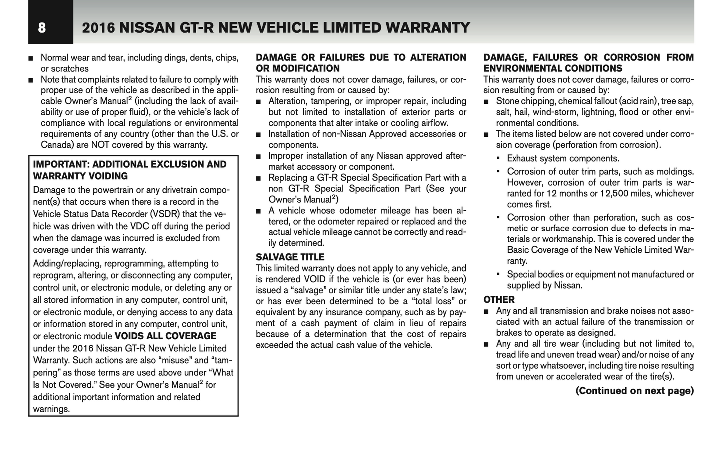 2016 Nissan GT-R Warranty Information Booklet | English