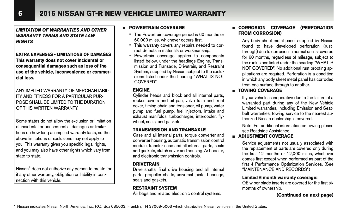 2016 Nissan GT-R Warranty Information Booklet | English