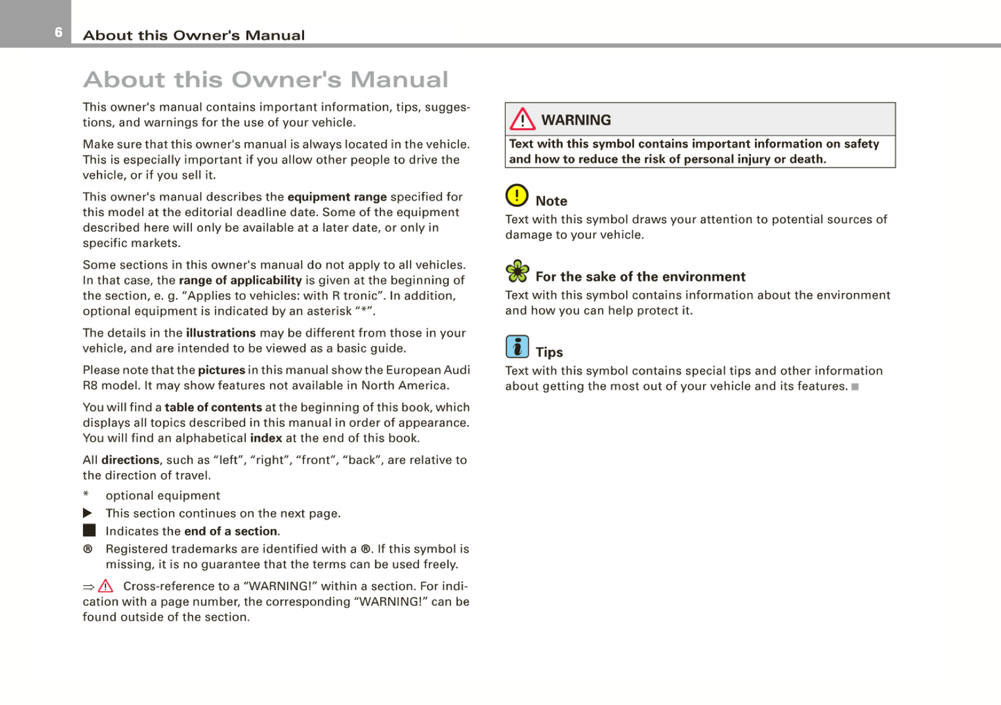 2009 Audi R8 Owner's Manual | English