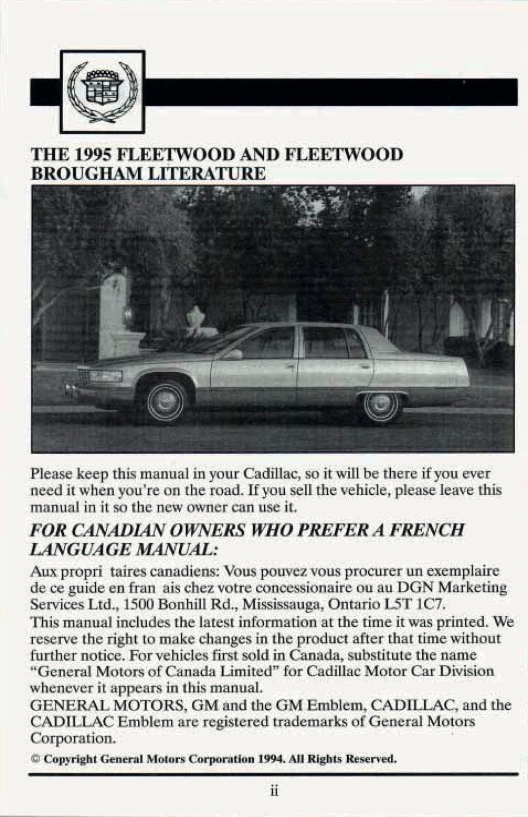 1995 Cadillac Fleetwood Owner's Manual | English