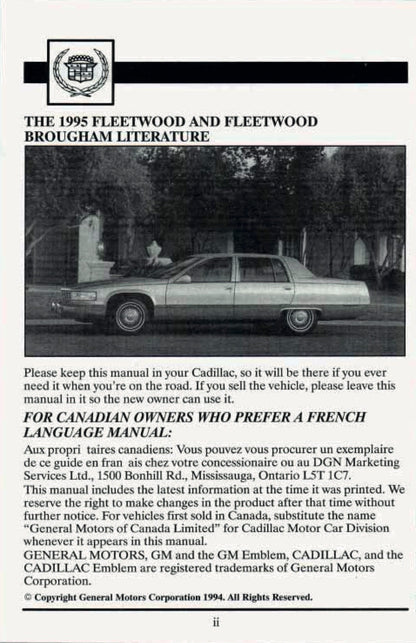 1995 Cadillac Fleetwood Owner's Manual | English