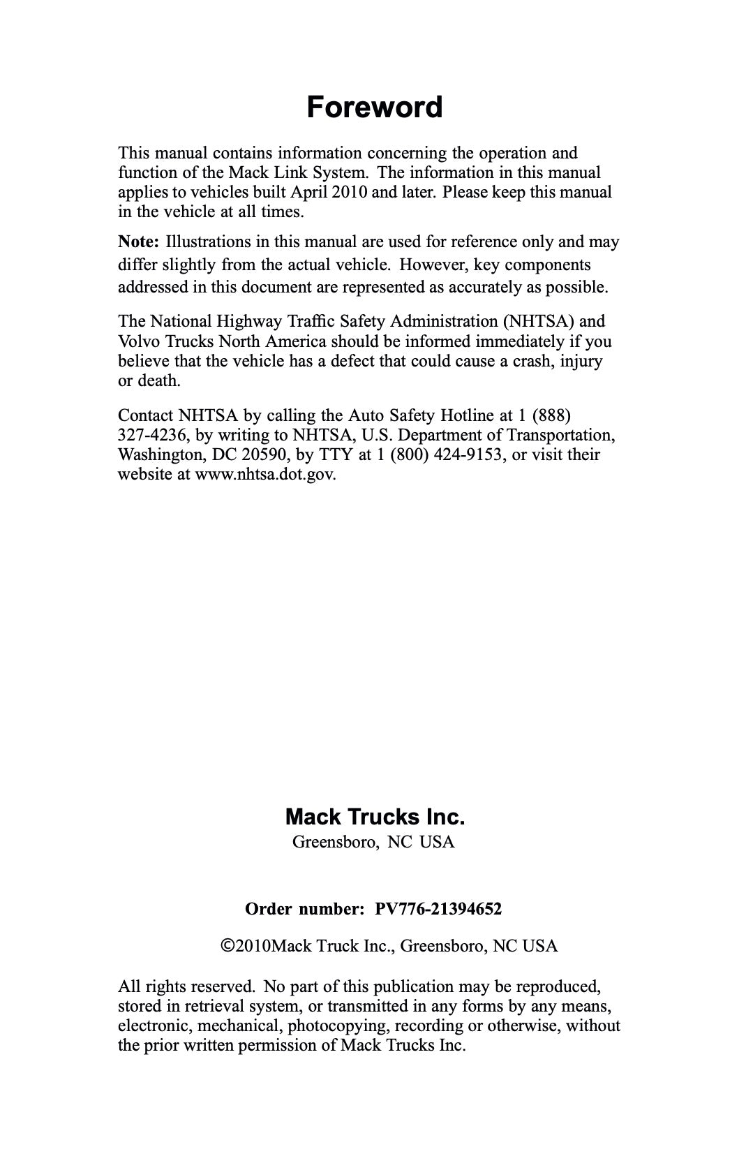 2010 Mack TD700 Series Owner's Manual | English