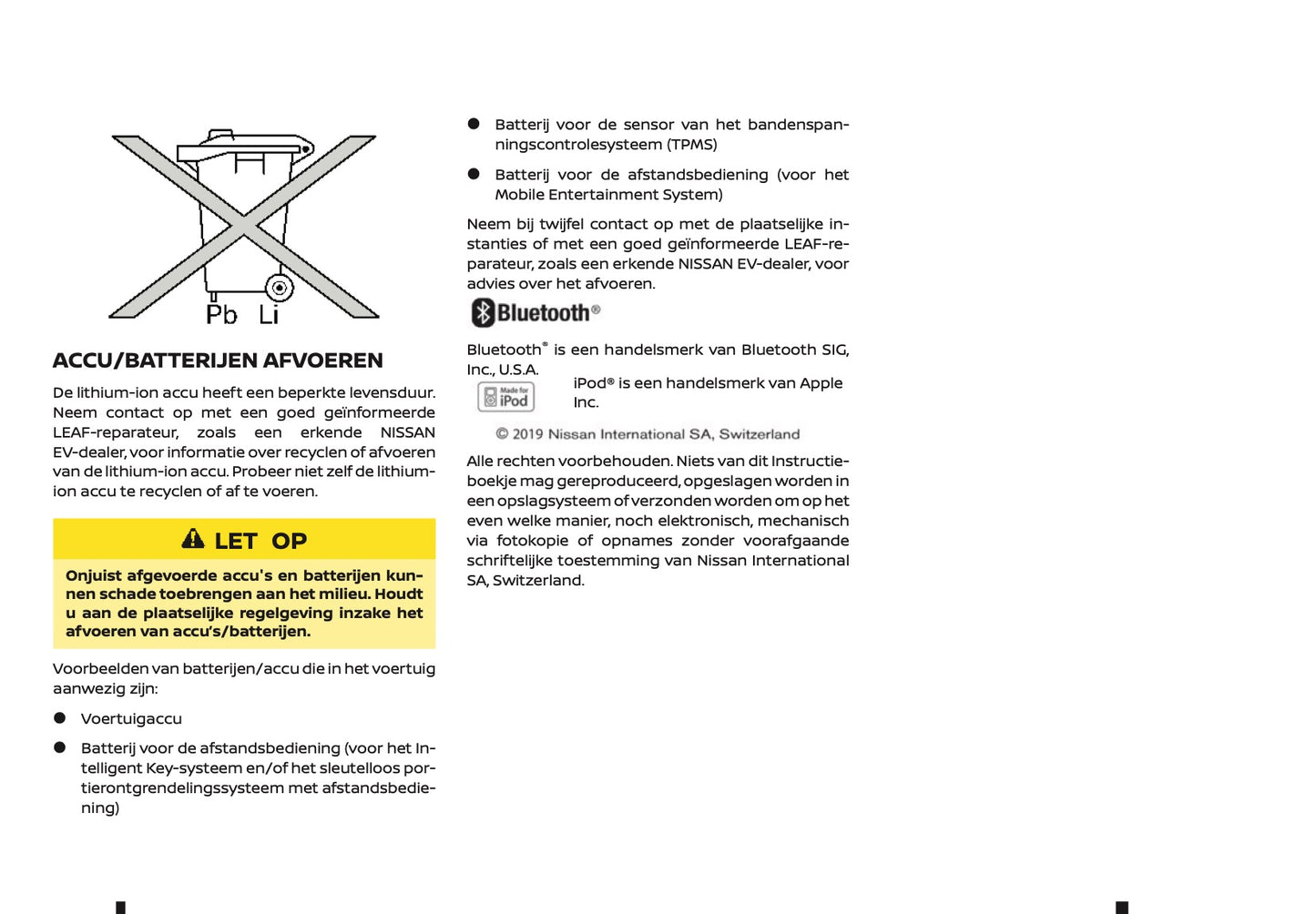 2019-2020 Nissan Leaf Owner's Manual | Dutch
