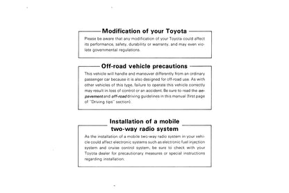 1987 Toyota 4WD Truck / 4Runner Manuel du propriétaire | Anglais