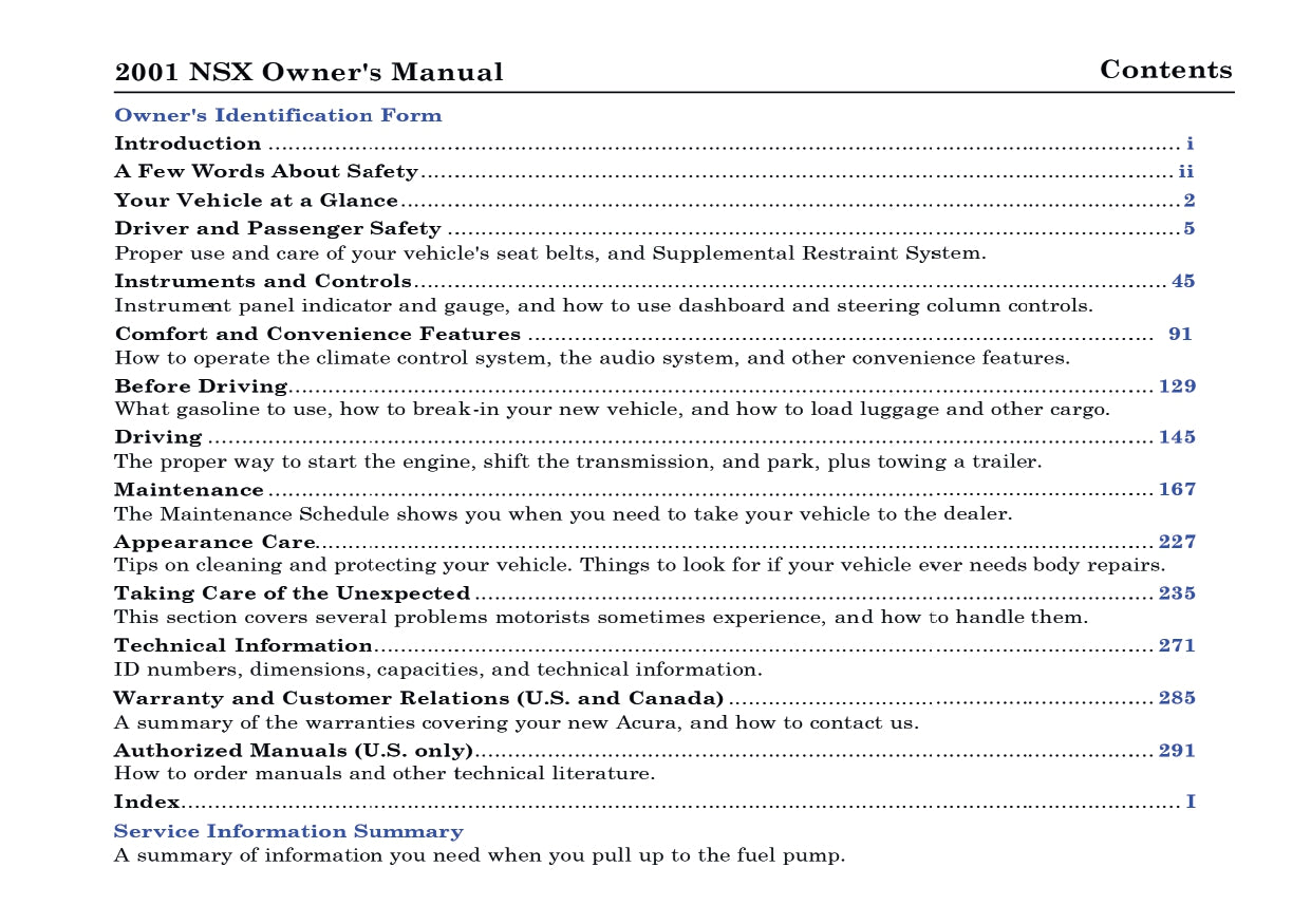 2001 Acura NSX Manuel du propriétaire | Anglais