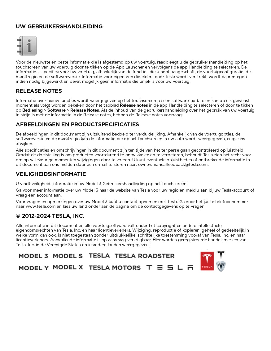 2024 Tesla Model 3 Gebruikershandleiding | Nederlands