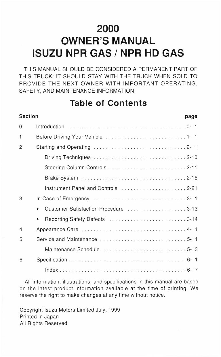 2000 Isuzu NPR Gas Gebruikershandleiding | Engels