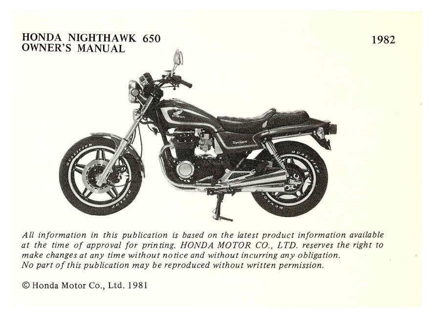 1982 Honda Nighthawk 650 Owner's Manual | English