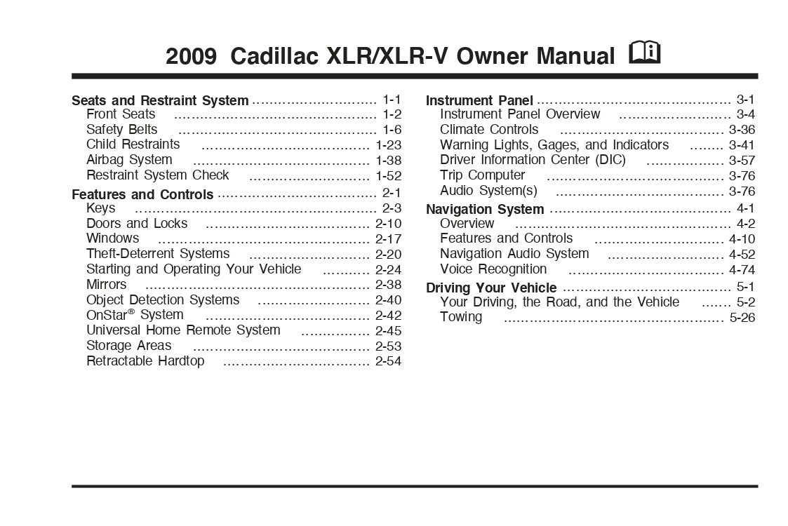 2009 Cadillac XLR / XLR-V Manuel du propriétaire | Anglais
