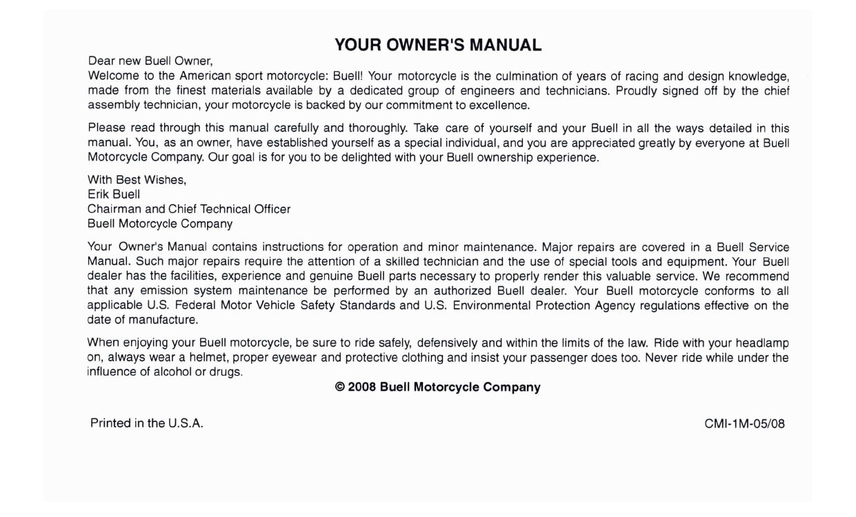 2008 Buell 1125R Owner's Manual | English