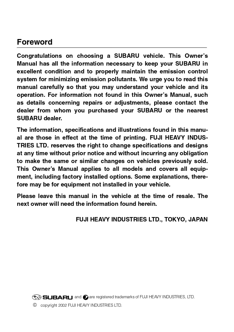 2003 Subaru Baja Manuel du propriétaire | Anglais