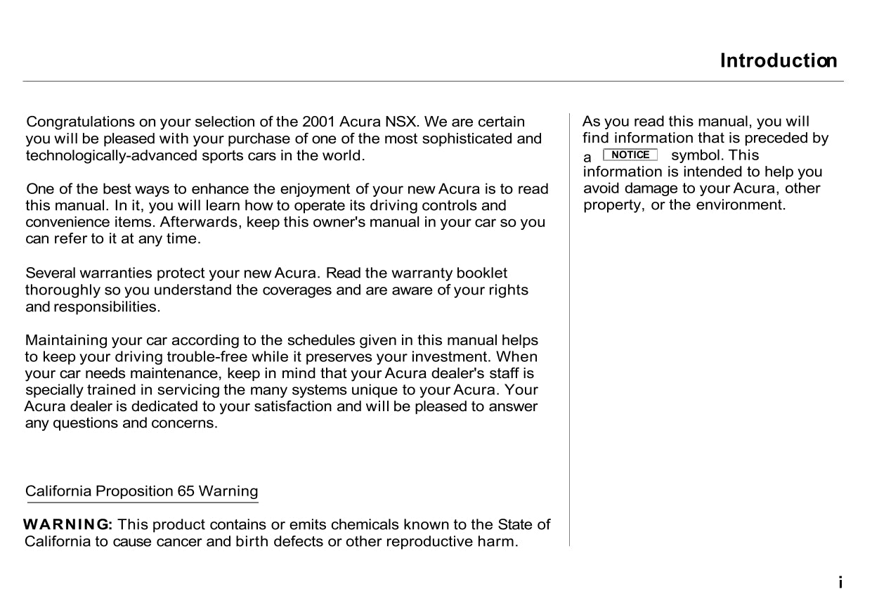 2001 Acura NSX Owner's Manual | English