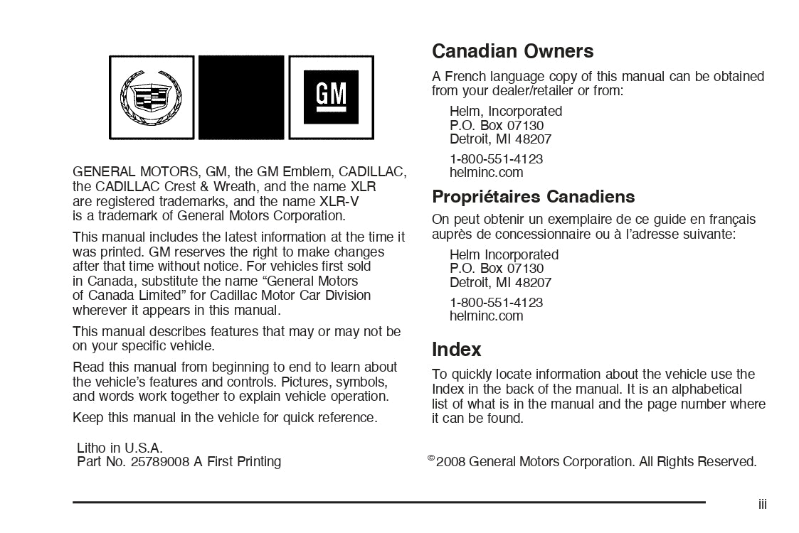 2009 Cadillac XLR / XLR-V Owner's Manual | English