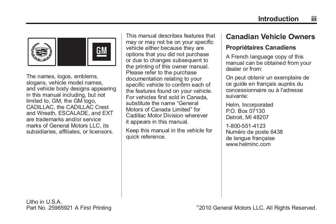 2011 Cadillac Escalade EXT Manuel du propriétaire | Anglais