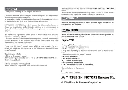 2020 Mitsubishi ASX Owner's Manual | English