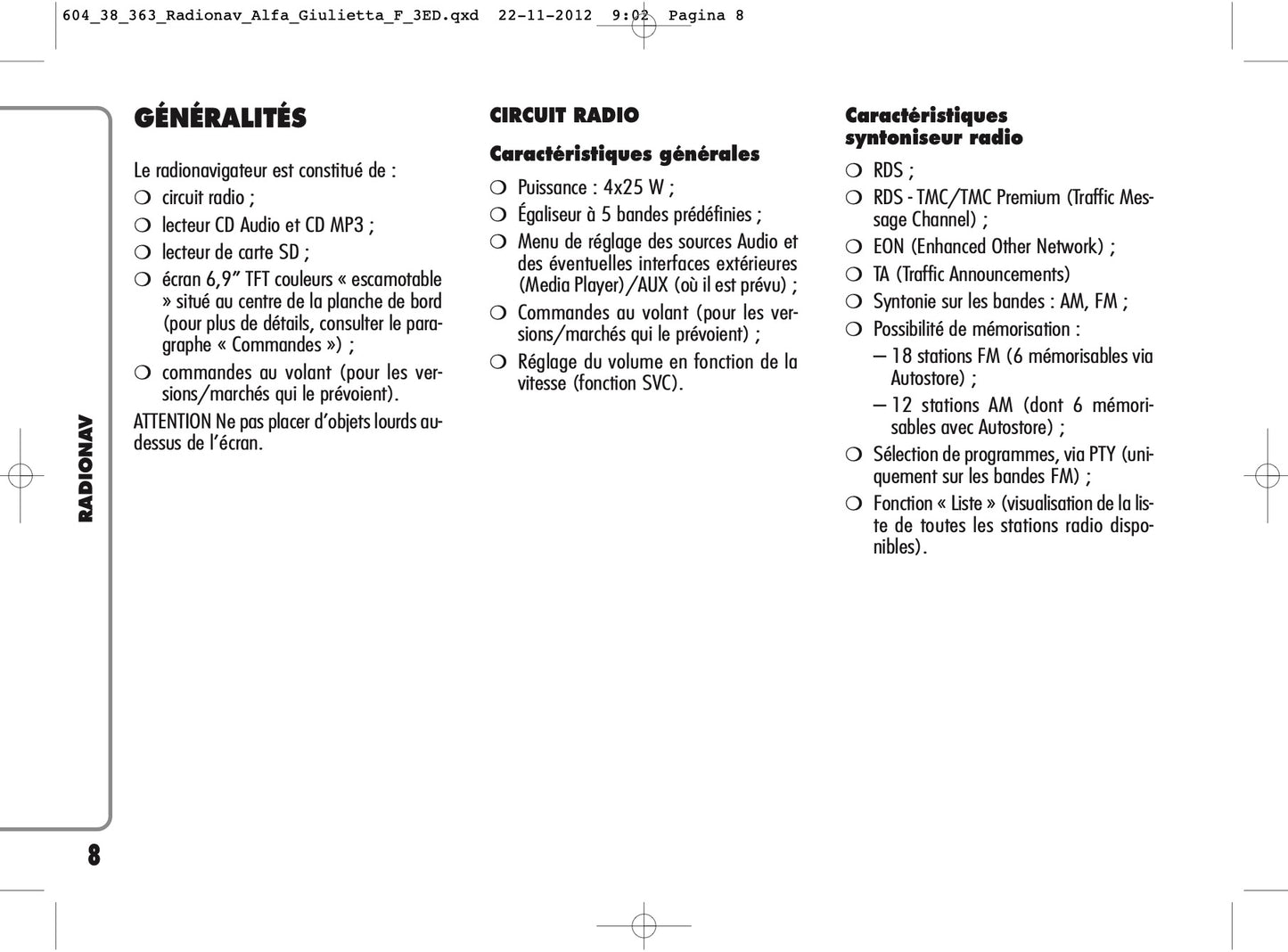 Alfa Romeo Giulietta RadioNav Guide d'utilisation 2010 - 2014