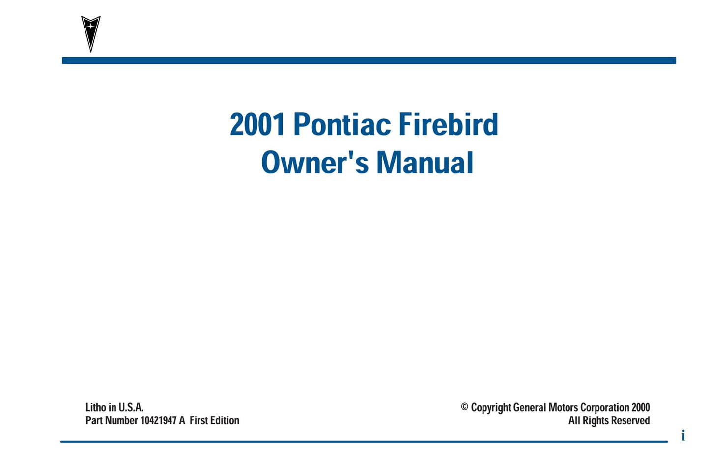 2001 Pontiac Firebird Owner's Manual | English