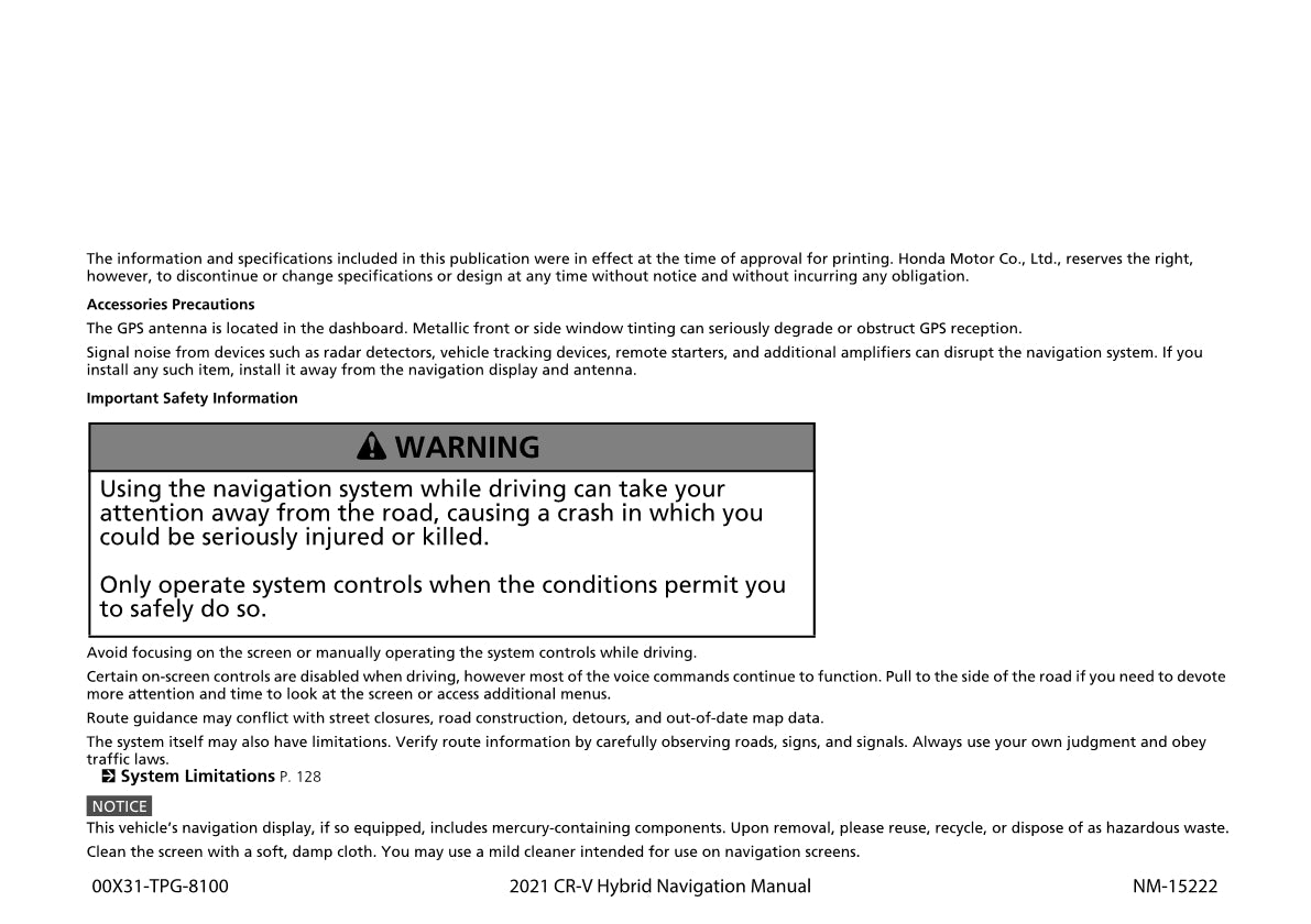 Honda CR-V Hybrid Navigation Owner's Manual 2021