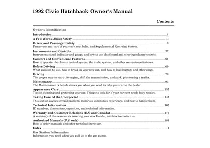 1992 Honda Civic Owner's Manual | English