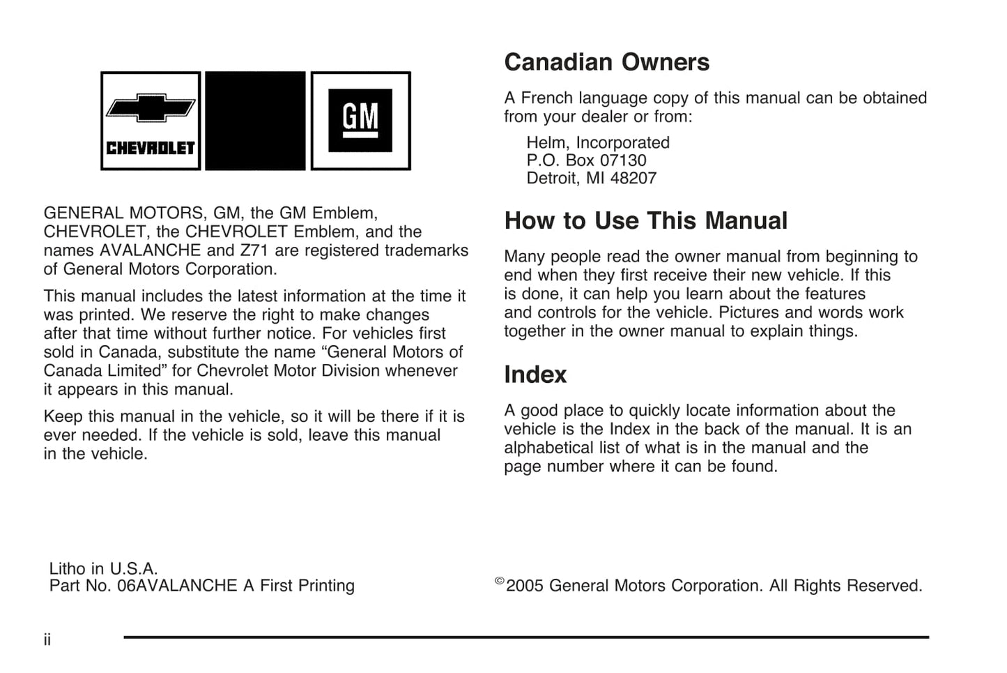 2006 Chevrolet Avalanche Owner's Manual | English