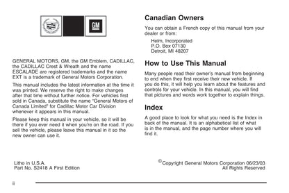 2004 Cadillac Escalade EXT Owner's Manual | English
