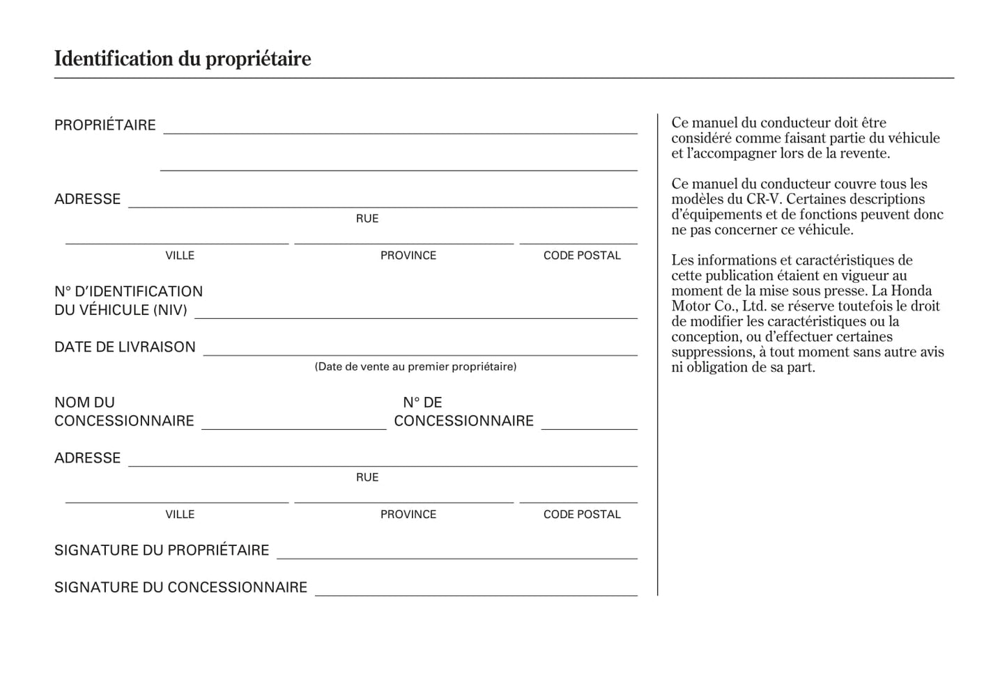 2007-2010 Honda CR-V Manuel du propriétaire | Français