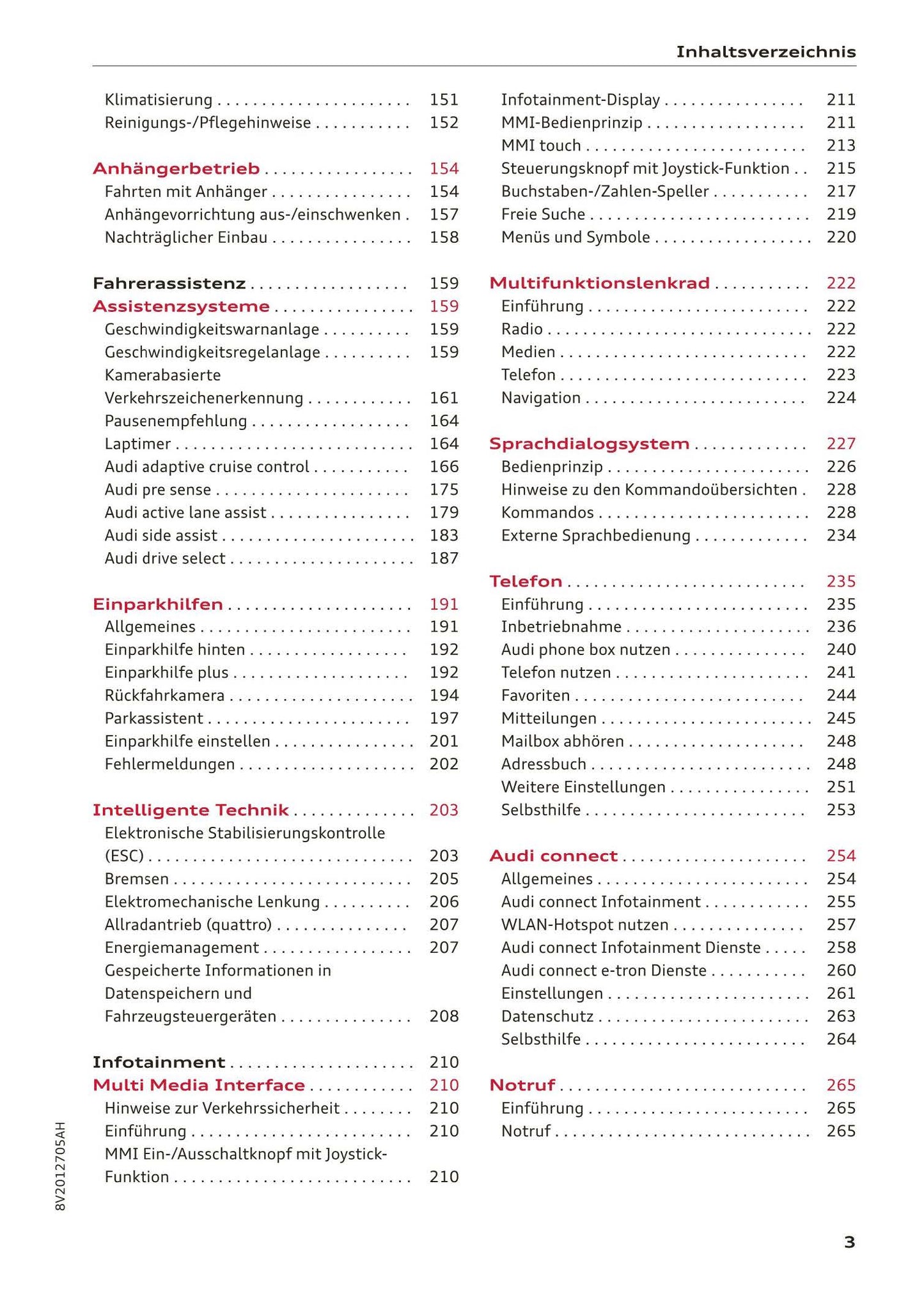 2018-2019 Audi A3/A3 Limousine/A3 Cabriolet/A3 Sportback Owner's Manual | German