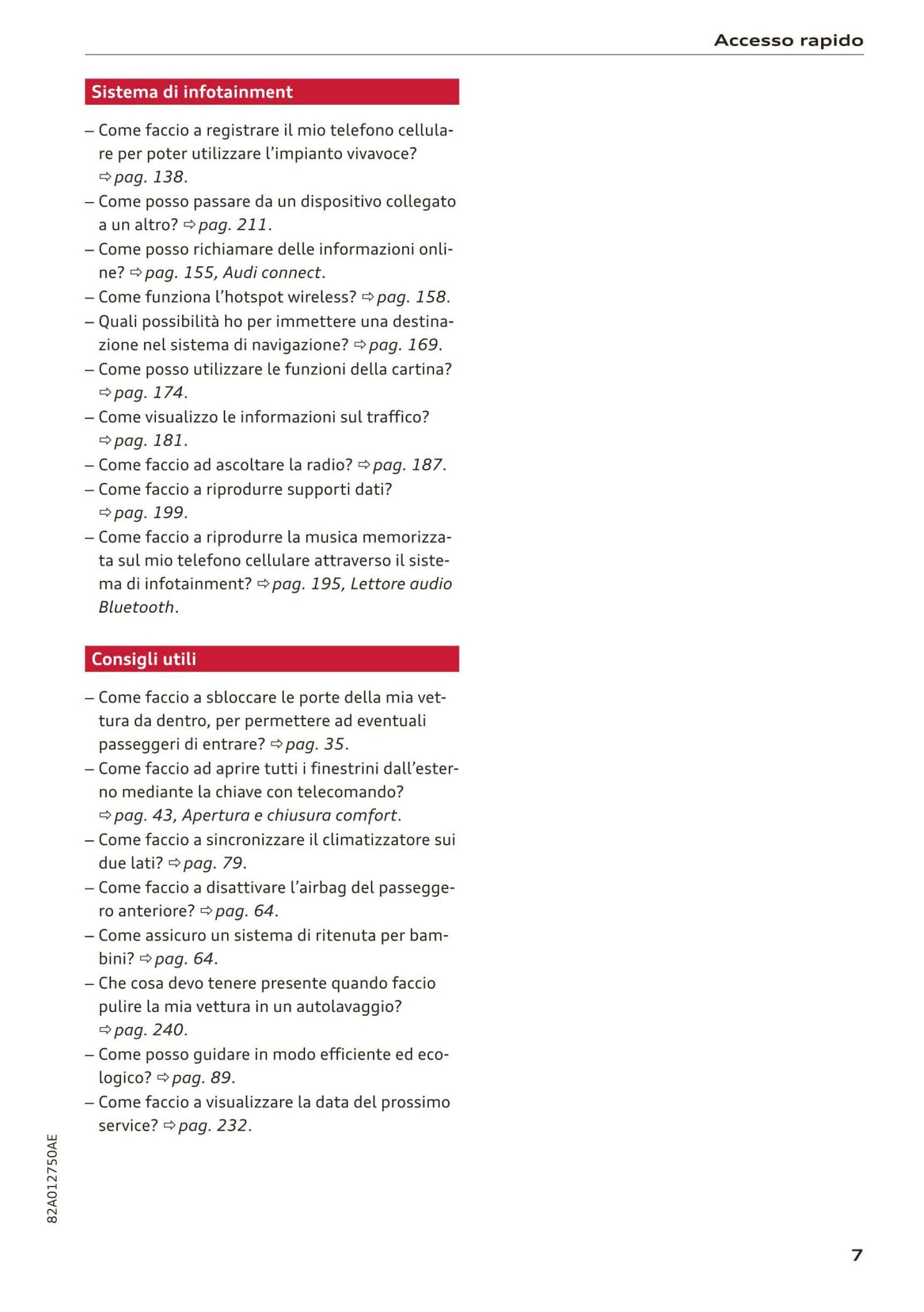 2018-2023 Audi A1 Sportback/A1 citycarver Owner's Manual | Italian